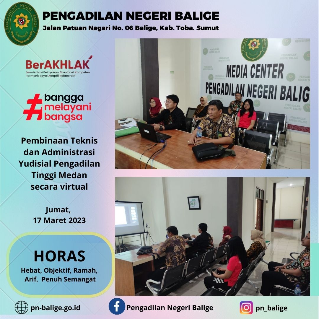 Pembinaan Teknis dan Administrasi Yudisial Pengadilan Tinggi Medan Melalui Aplikasi Zoom pada Hari Jumat 17/03/2023